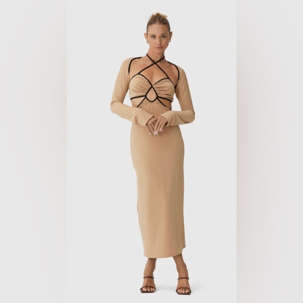 NWT Eloise Midi dress by Finders Keepers size medium beige with black trim